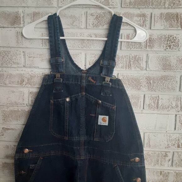 Carharrt Denim Bib Overalls Women sz12/32 Dark Wash - Picture 1 of 11